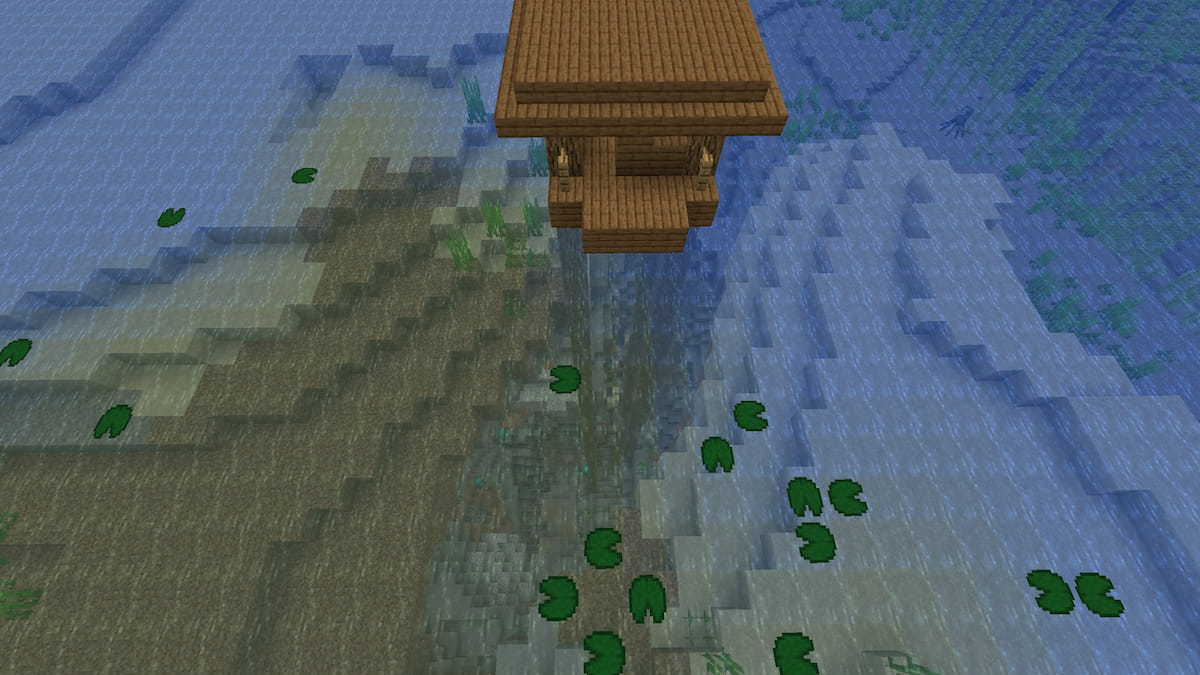 A Witch Hut rising from an underwater ravine in Minecraft