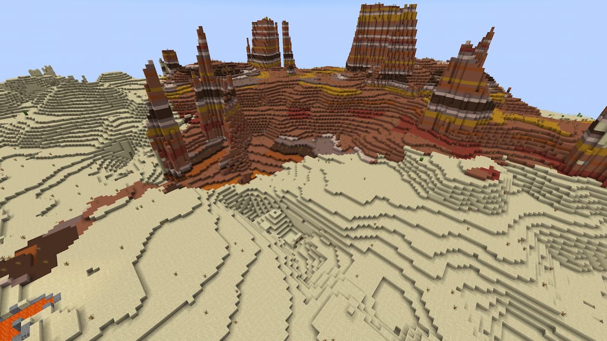 A Minecraft Desert Temple hidden in the sand near a Badlands biome