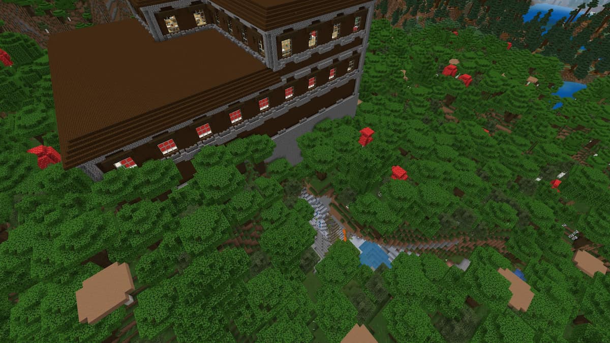 A Woodland Mansion on top of a Lush Cave ravine in Minecraft