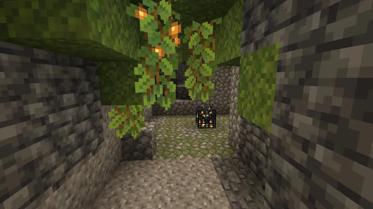 A skeleton spawner in a Minecraft Lush Cave