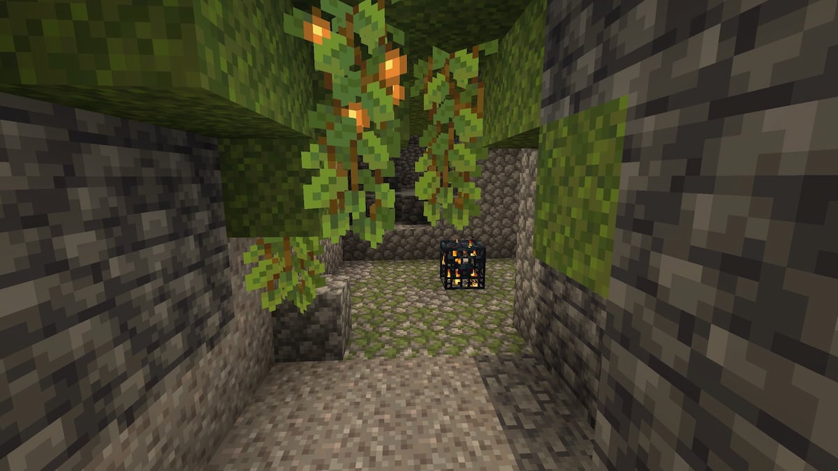 A skeleton spawner in a Minecraft Lush Cave