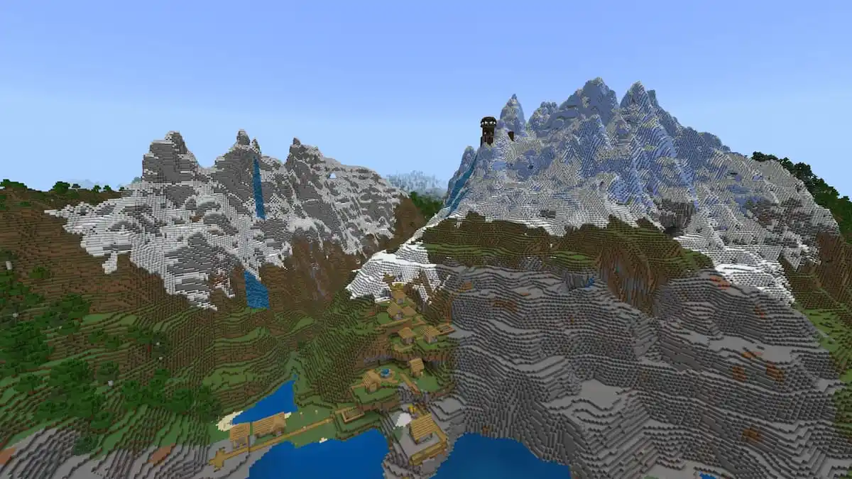 A set of Minecraft mountains with a Plains Village and a Pillager Outpost