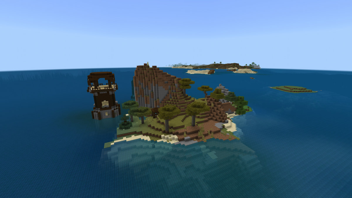 A Minecraft island with a Pillager Outpost