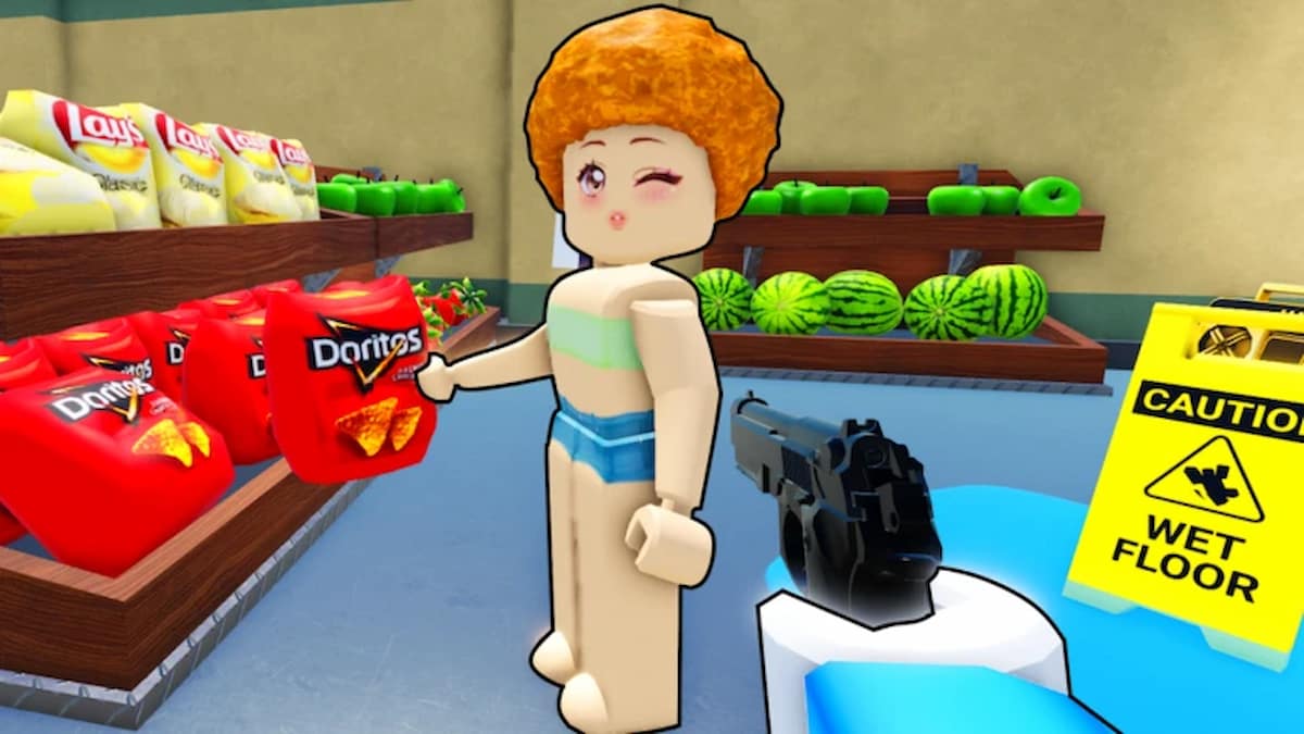 Roblox character stealing Doritos in Rob The Place