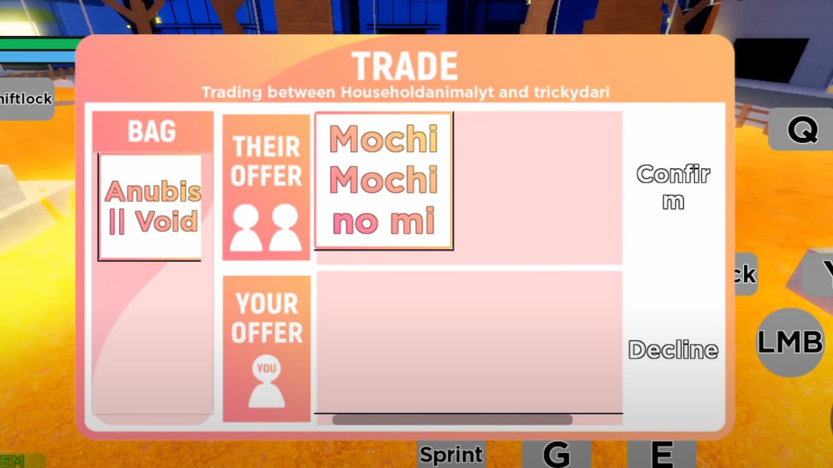 A trading menu in Roblox Sakura Stand