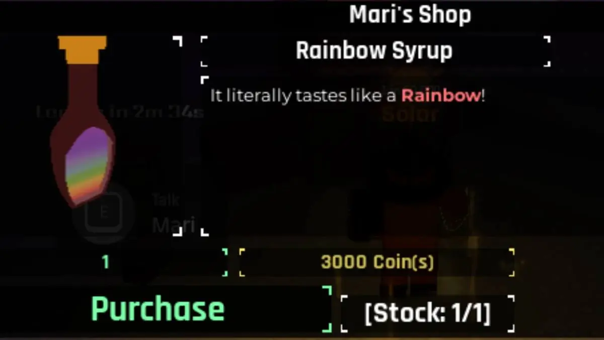 Rainbow Syrup item can be purchased from Mari's Shop in Sol's RNG