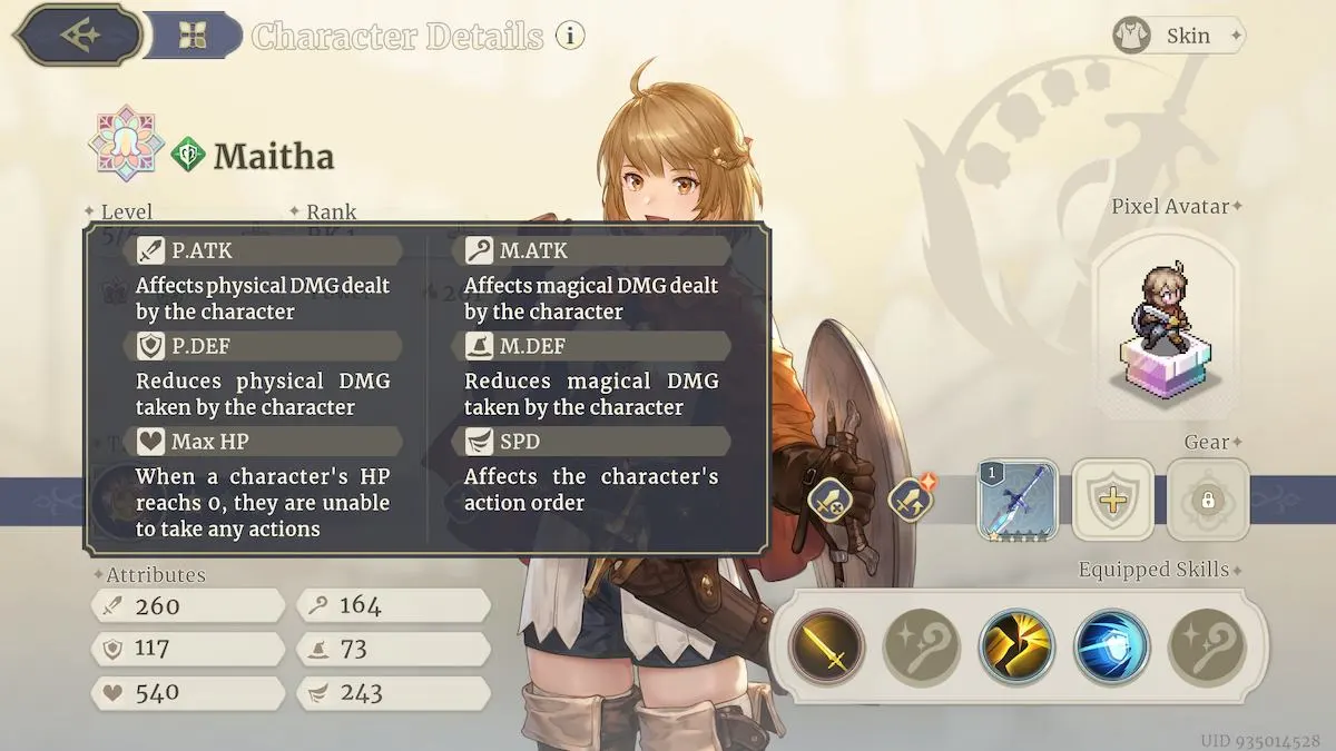 Maitha's stats at level 5 in Sword of Convallaria.