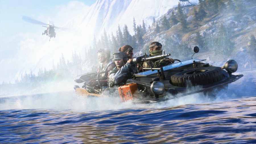 Battlefield V Firestorm operators driving a boat