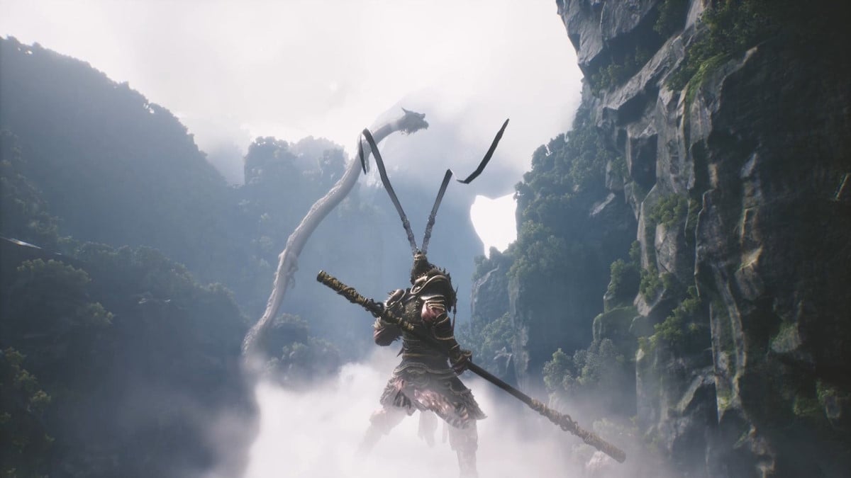 Wukong facing off against a dragon in Black Myth: Wukong.