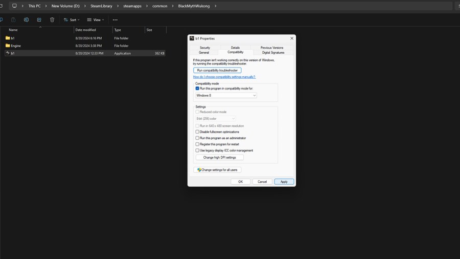 Black Myth Wukong exe file properties compatibility