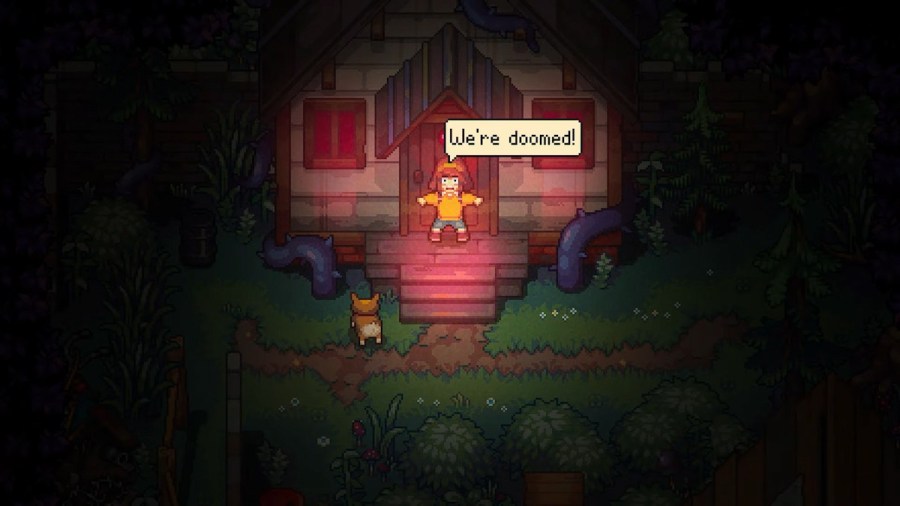 Emily standing outside a house with red lights shining inside in Bloomtown: A Different Story.