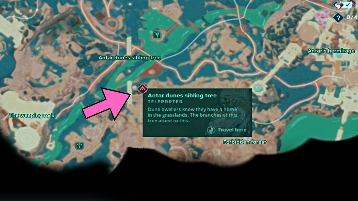 Map location of antar dunes sibling tree teleport portal in Creatures of Ava