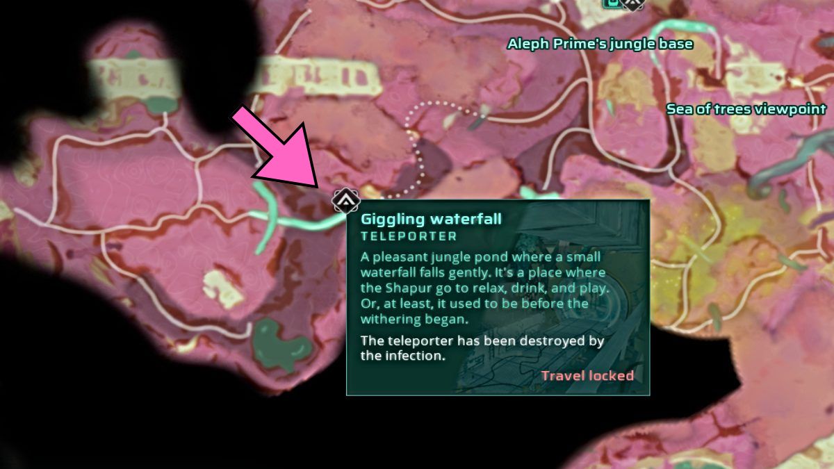 Map location of Giggling Waterfall teleport in Creatures of Ava