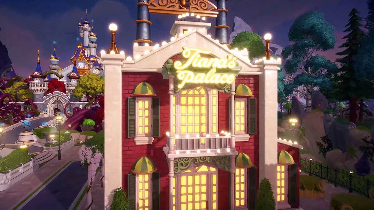 A close-up of Tiana’s Palace at night in Disney Dreamlight Valley.