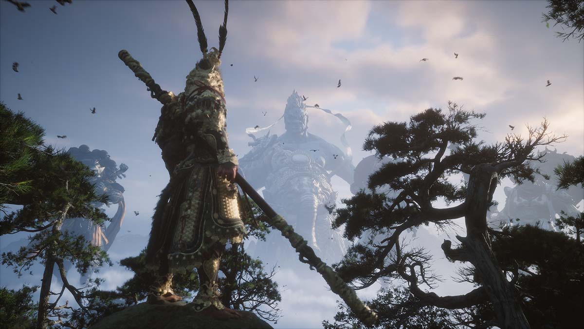 Black Myth Wukong protagonist staring at giants