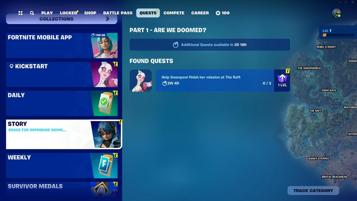 Fortnite quest screen with Gwenpool's Mission