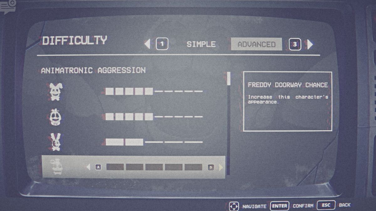 Animatronic aggression menu in Five Nights at Freddy's: Into the Pit