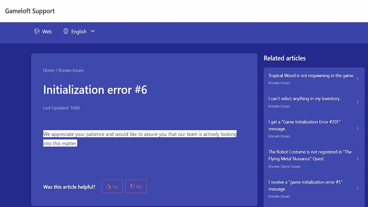 A screenshot of GameLoft’s answer to Initialization Error #6 in Disney Dreamlight Valley.