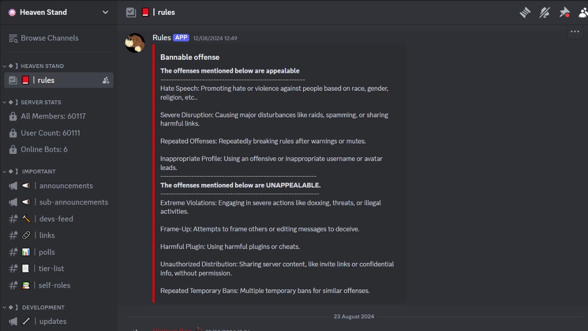 Heaven Stand Discord channels