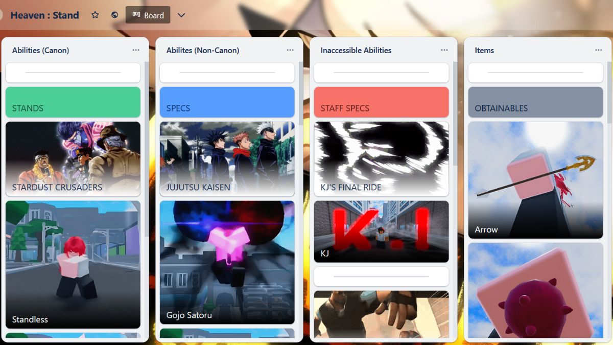 Roblox Heaven Stand Trello board categories