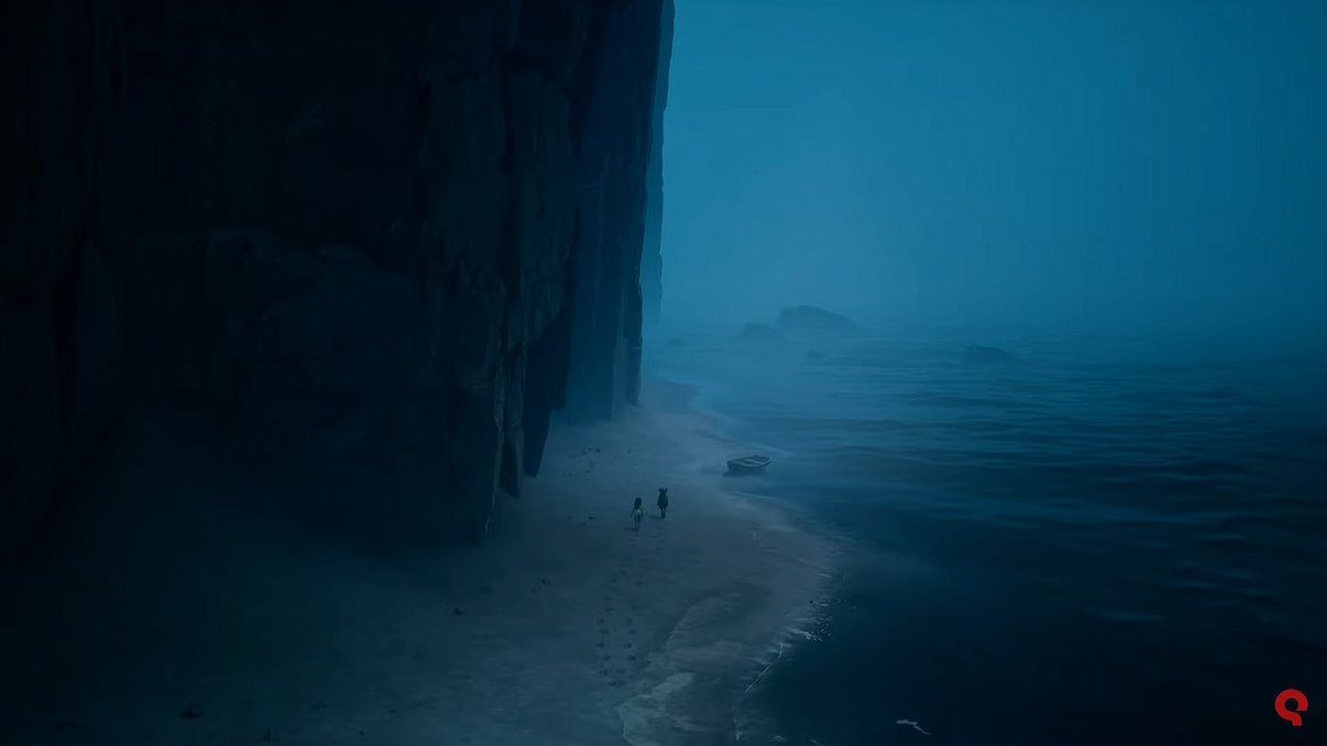 Siblings in REANIMAL walking towards a lone boat resting on the beach.