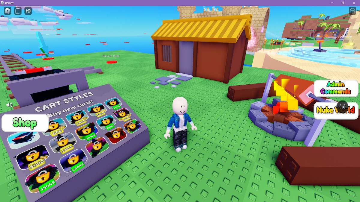 An avatar standing outside their hut in Roblox Cart Ride Tycoon.