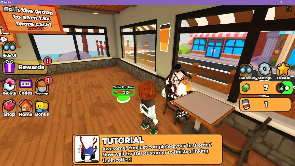 An avatar standing near another one drinking coffee in Roblox Coffee Shop Tycoon.