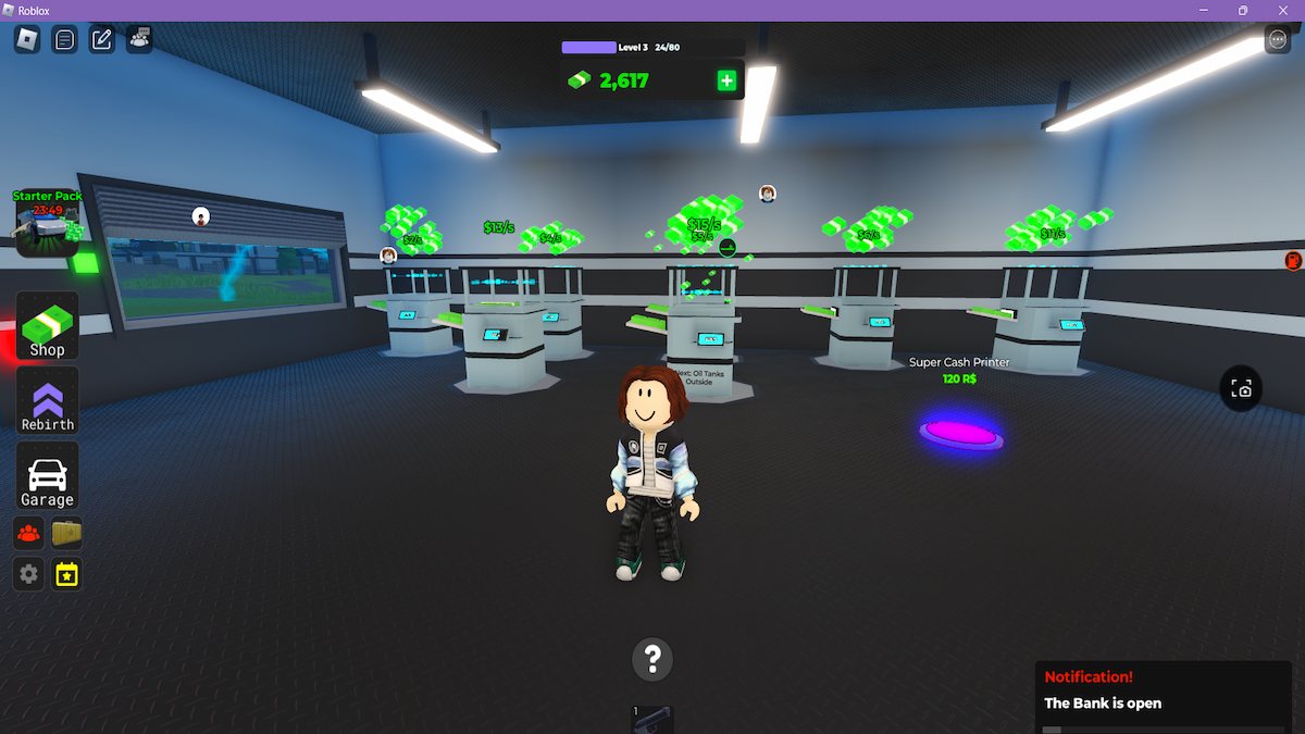 An avatar standing in front of several money-printing machines in Roblox Criminal Tycoon.