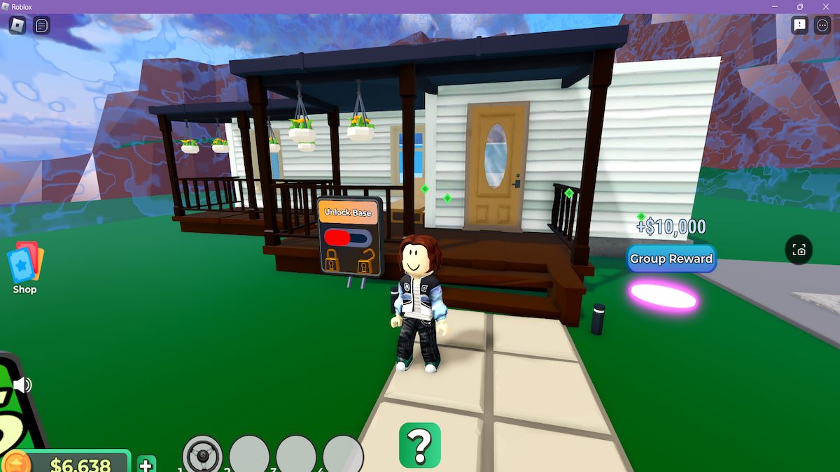 An avatar standing outside a small house in Roblox Dreamhaven Tycoon.