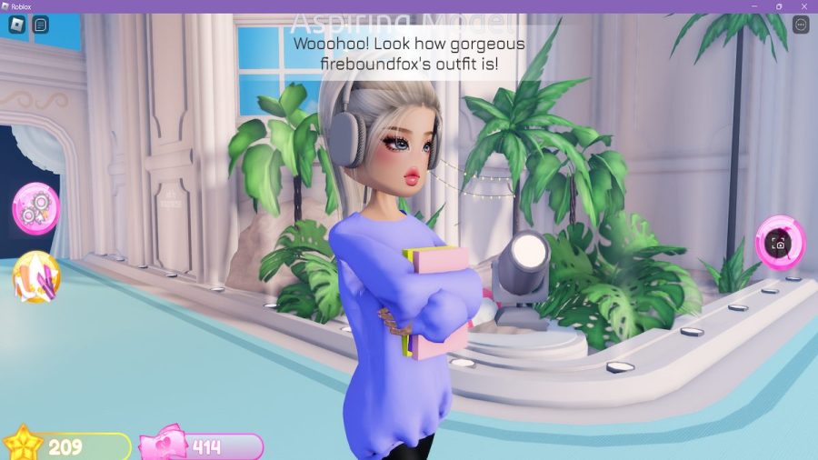 Fem avatar dressed in a 2020 theme in Dress to Impress on Roblox.