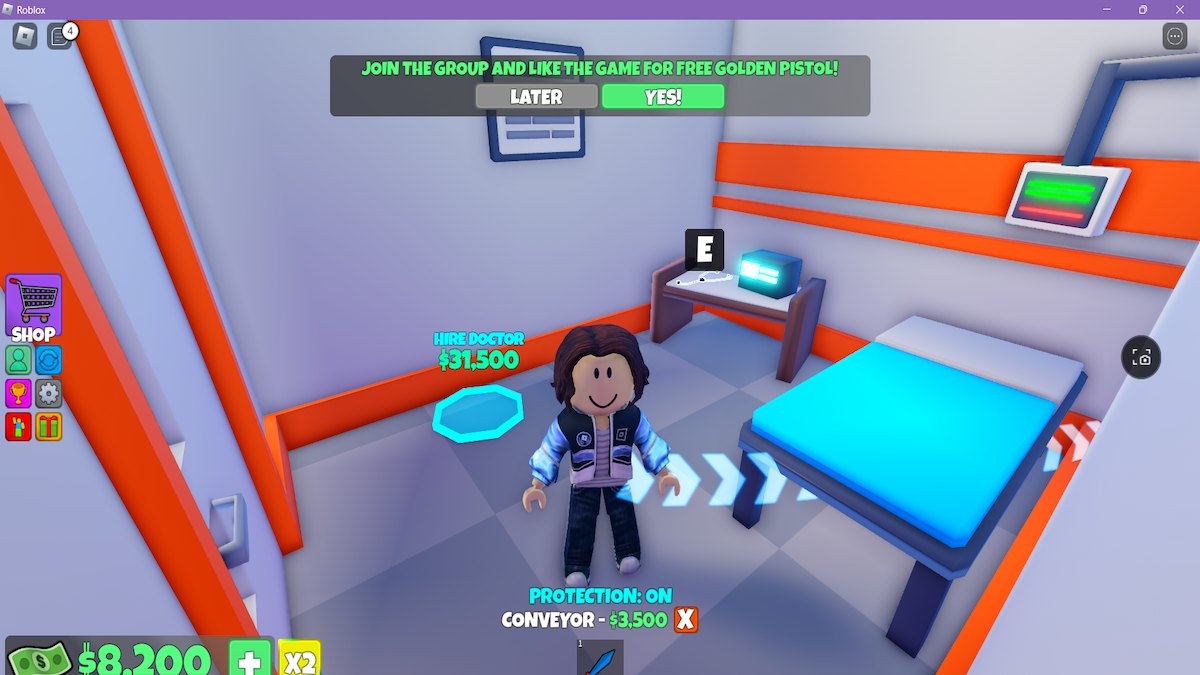 An avatar standing in a patient's room in Roblox Hospital Tycoon.