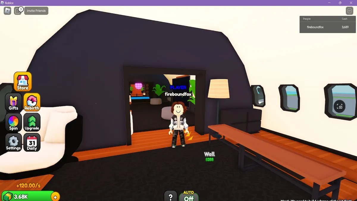 An avatar standing inside a large jet in Roblox Mega Jet Tycoon.