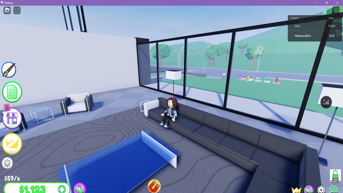 An avatar sitting in a luxurious living room in Roblox Mega Mansion Tycoon.