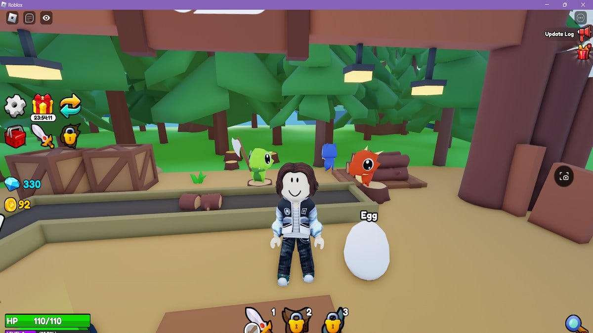 An avatar standing with an egg and three dragons in Roblox My Dragon Tycoon X.