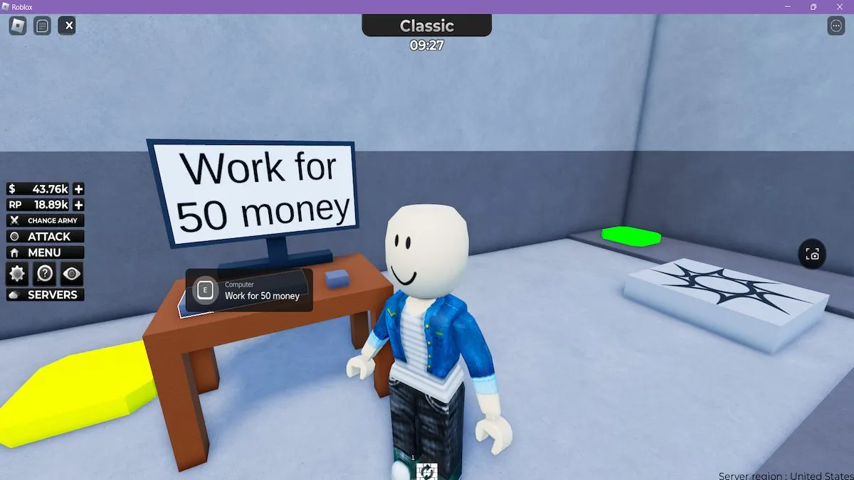 An avatar standing near a computer in Roblox Noob Army Tycoon.