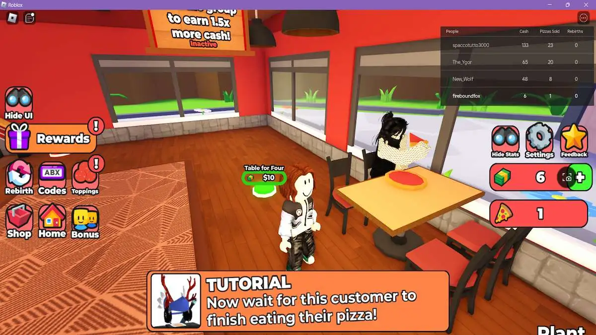 An avatar standing near another one eating pizza in Roblox Pizza Restaurant Tycoon.