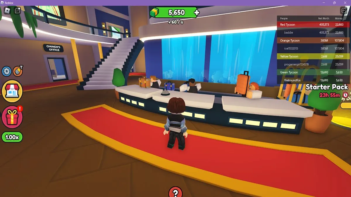 An avatar standing in front of a hotel desk in Roblox Resort Tycoon 2.