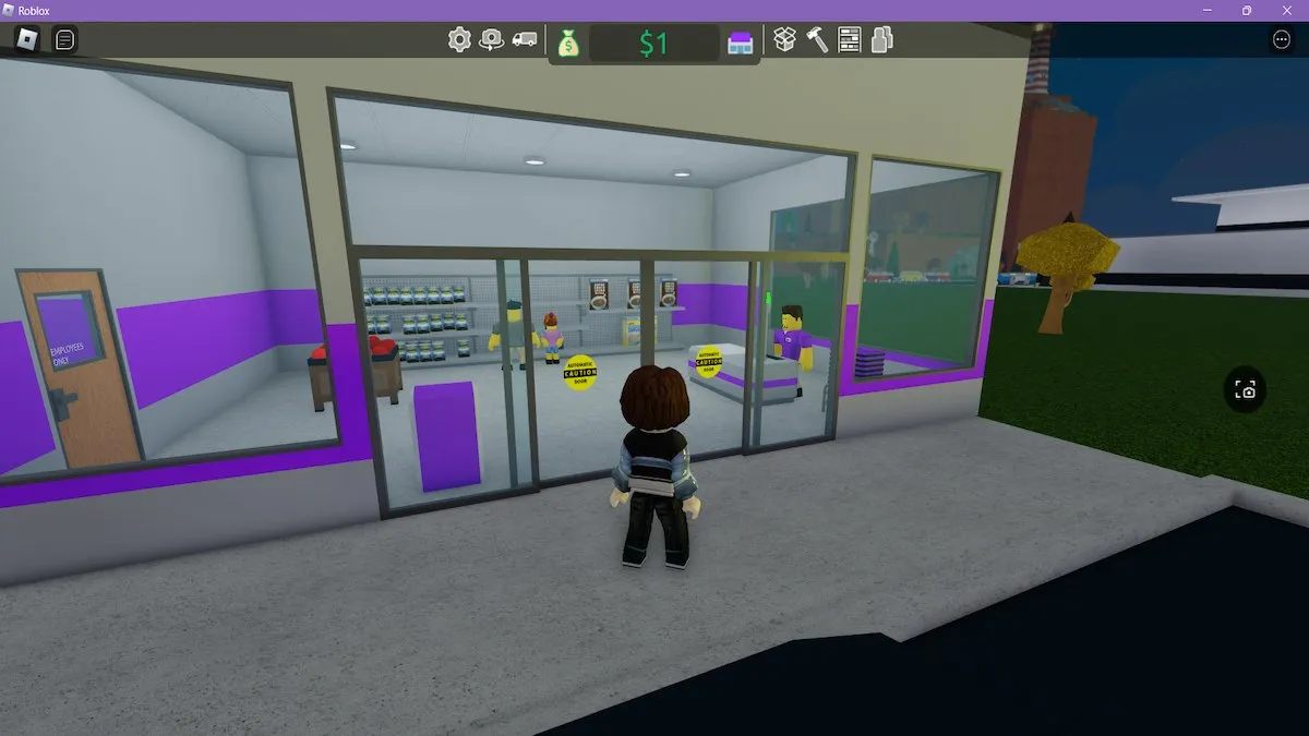 An avatar standing outside a small store in Roblox Retail Tycoon 2.