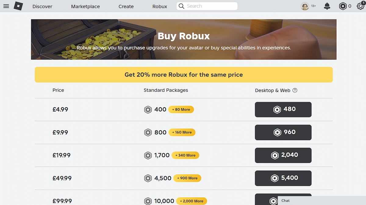 The Robux purchase menu on Roblox.