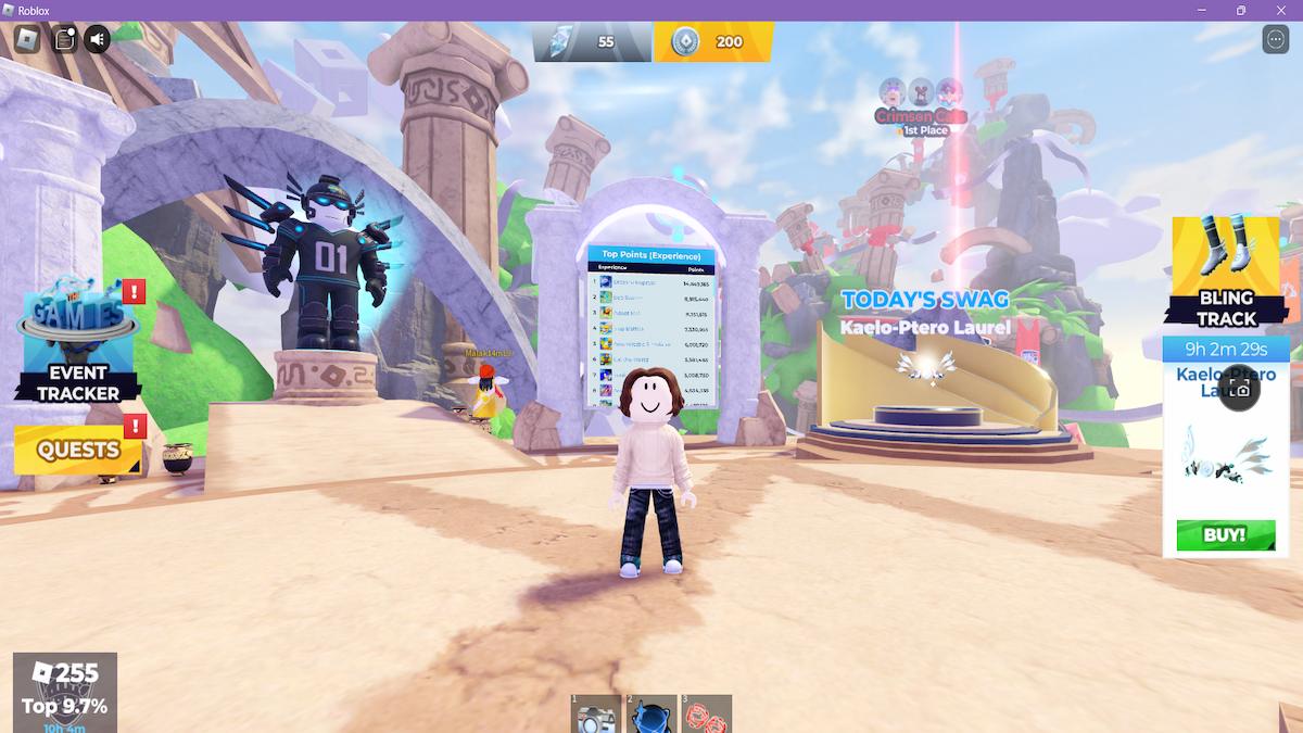 Avatar standing in front of Robux items that can be purchased during Roblox The Games 2024. On the left is a huge, black suit of armor. On the right is a laurel.