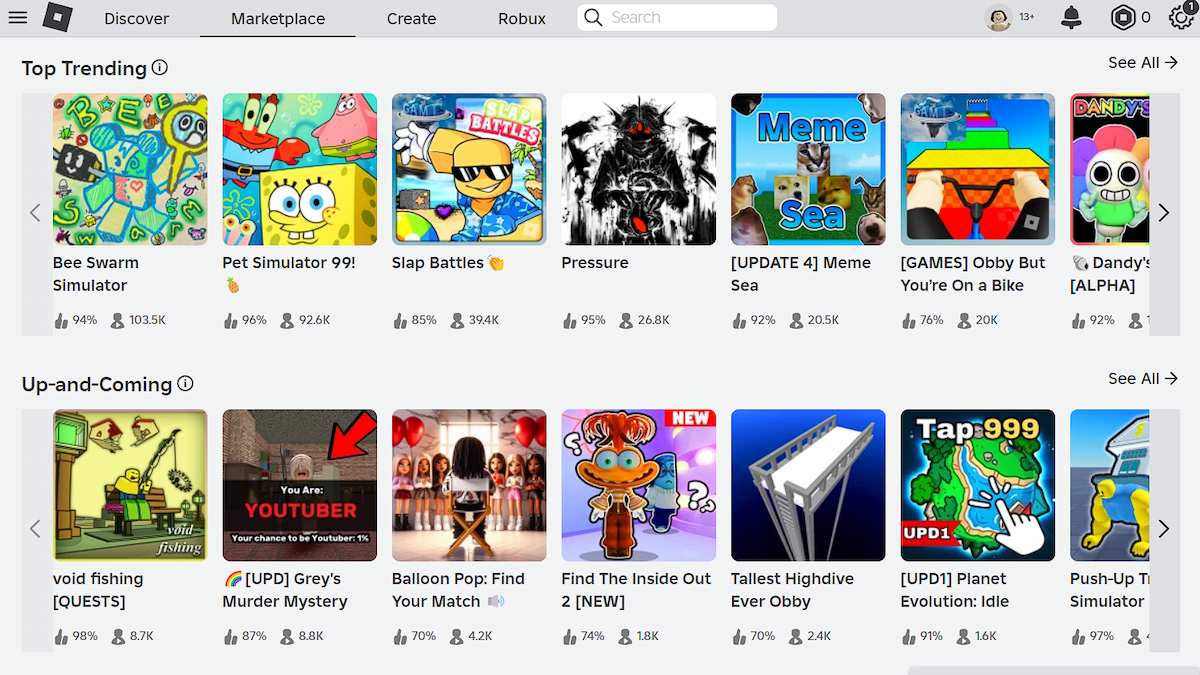 Trending and up-and-coming games on the Roblox platform.