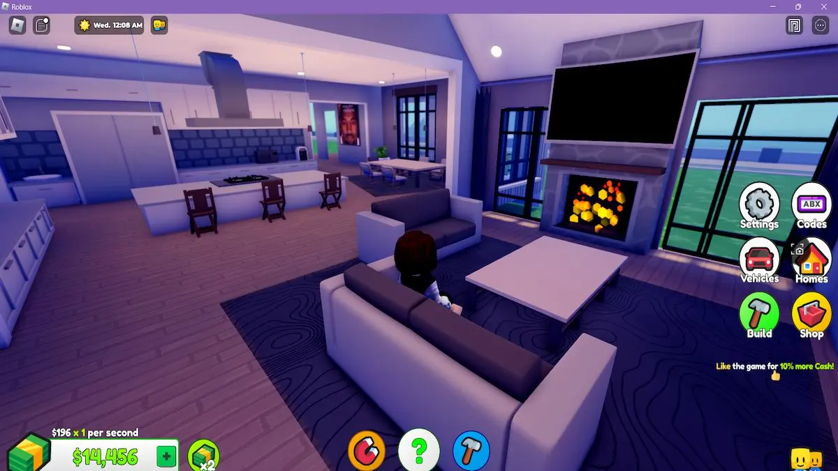 An avatar sitting in a dimly lit living room in Roblox Ultimate Home Tycoon.