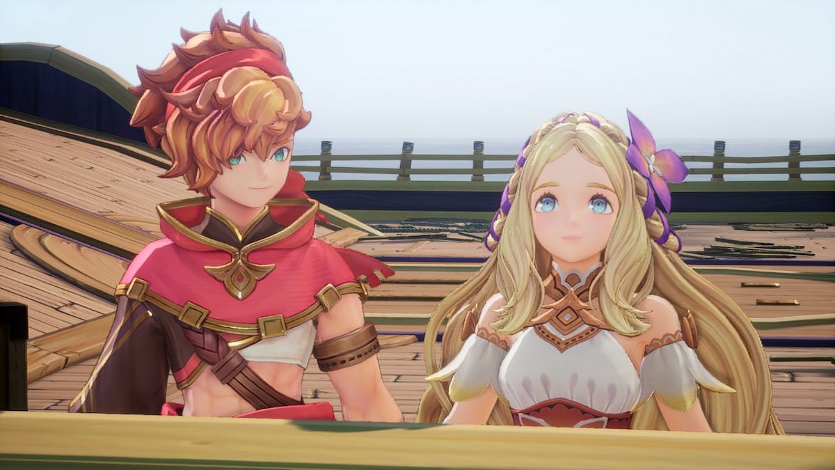 Val looking lovingly at Hinna while she gazes out at the ocean in Visions of Mana.