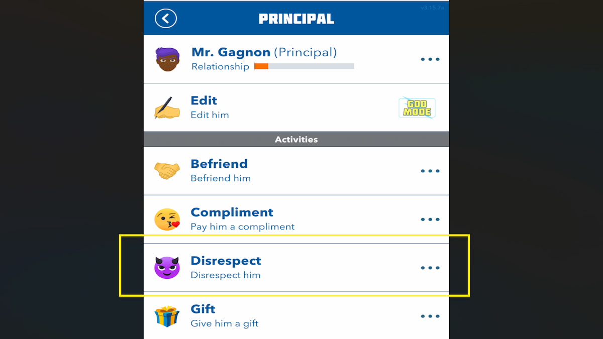 The Disrespect option in BitLife