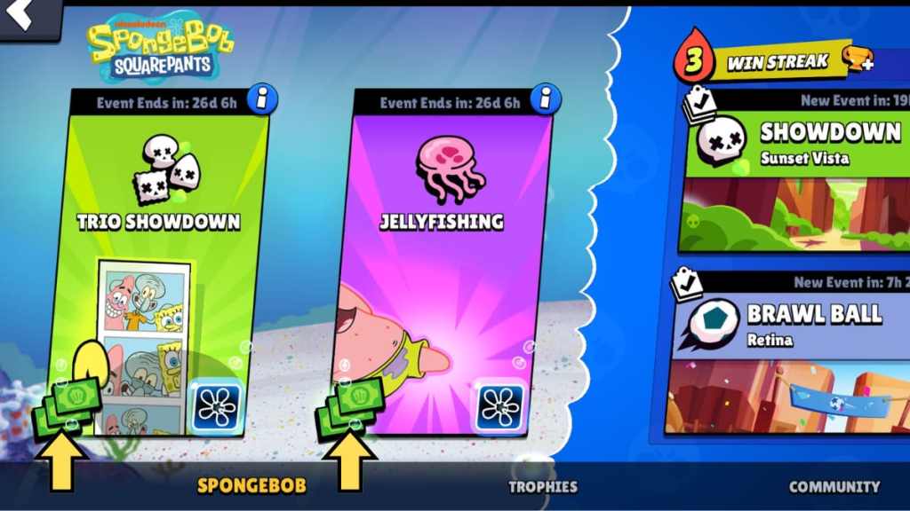 Small Krusty Cash icon on the Trio Showdown and Jellyfishing event pages in Brawl Stars