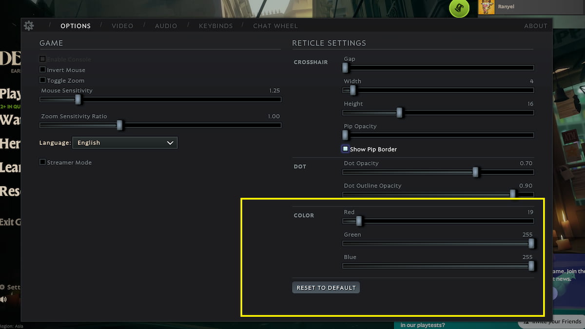The Crosshair Color Section in Deadlock