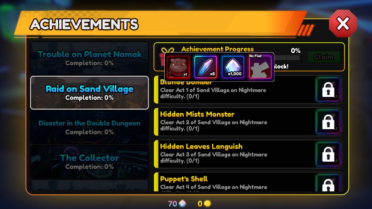 Raid on Sand Village achievements list in Anime Vanguards