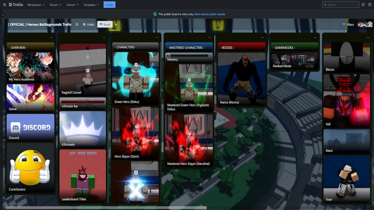 The Roblox Heroes Battleground Trello Board