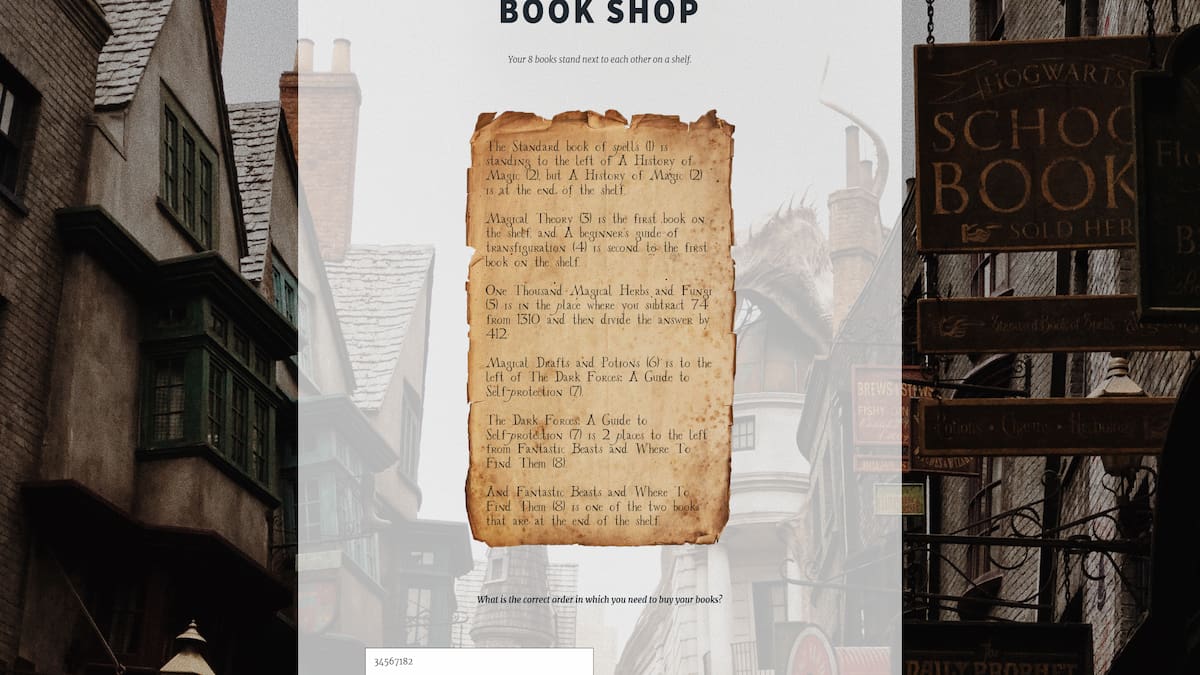 La sugestoj de Flourish kaj Blotts Book Shop en Hogwarts Escape Room