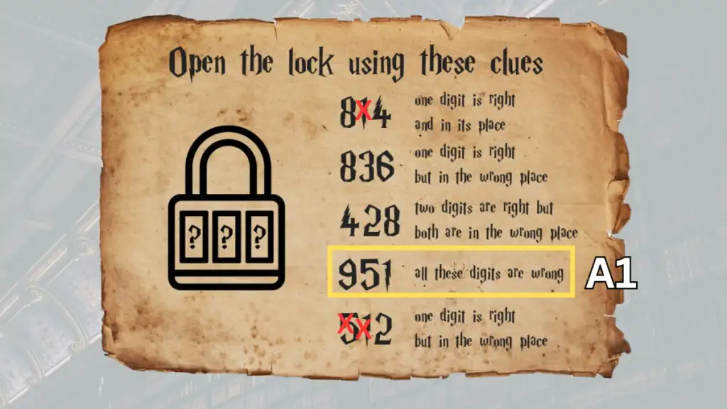 Eliminating the numbers 9, 5, and 1 from the Restricted section lock puzzle in Hogwarts Escape Room